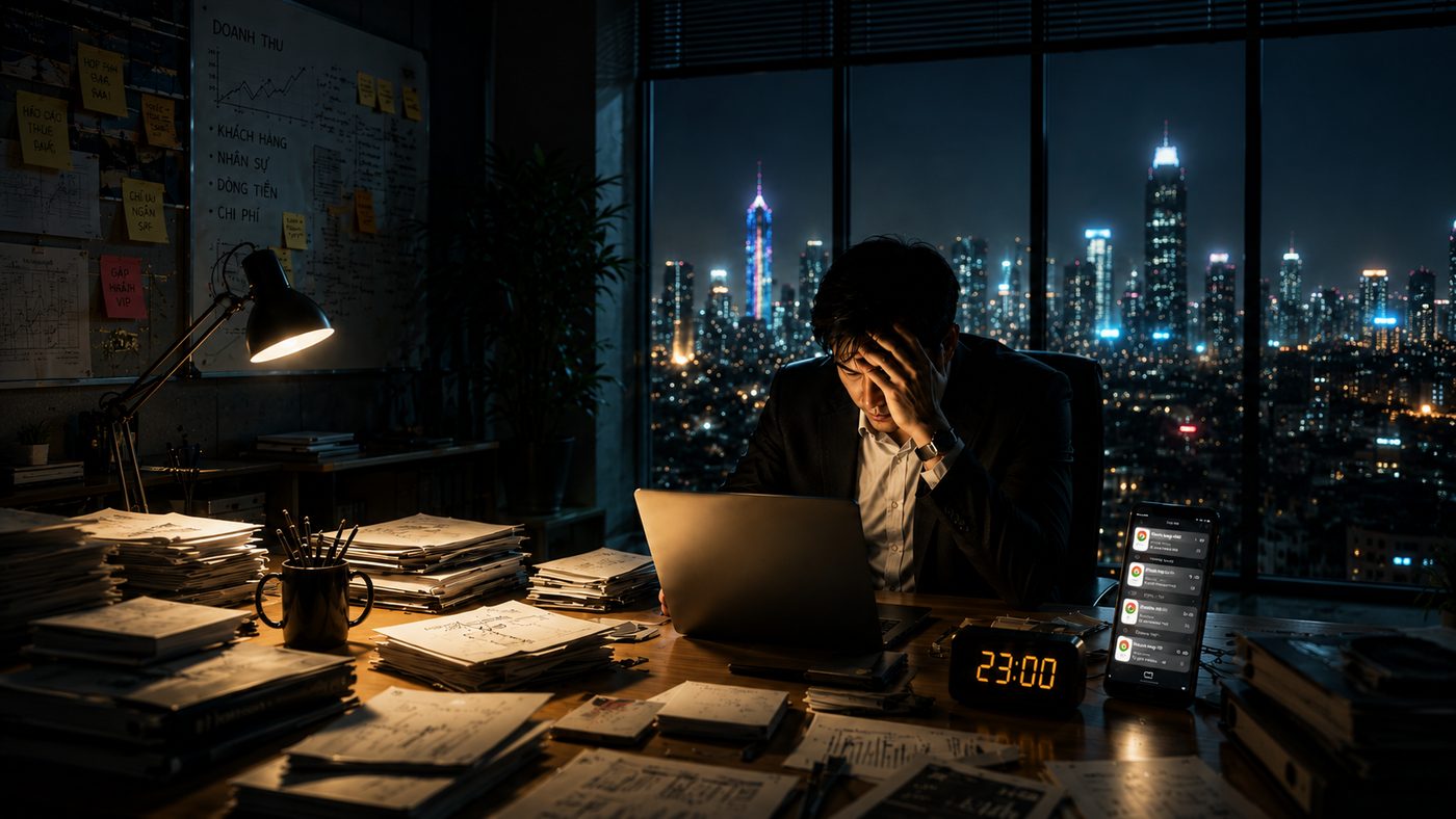 Người bán hàng ngồi một mình lúc đêm khuya sau một ngày không chốt được đơn